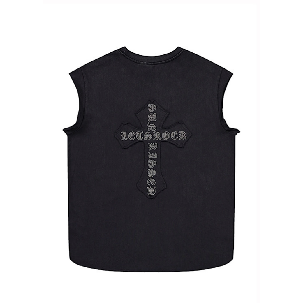 Front and back cross motif design basic black sleeveless top  OR0717