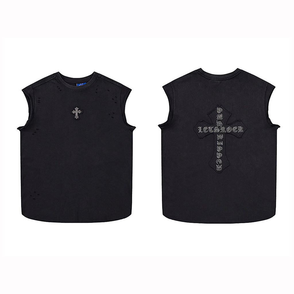 Front and back cross motif design basic black sleeveless top  OR0717