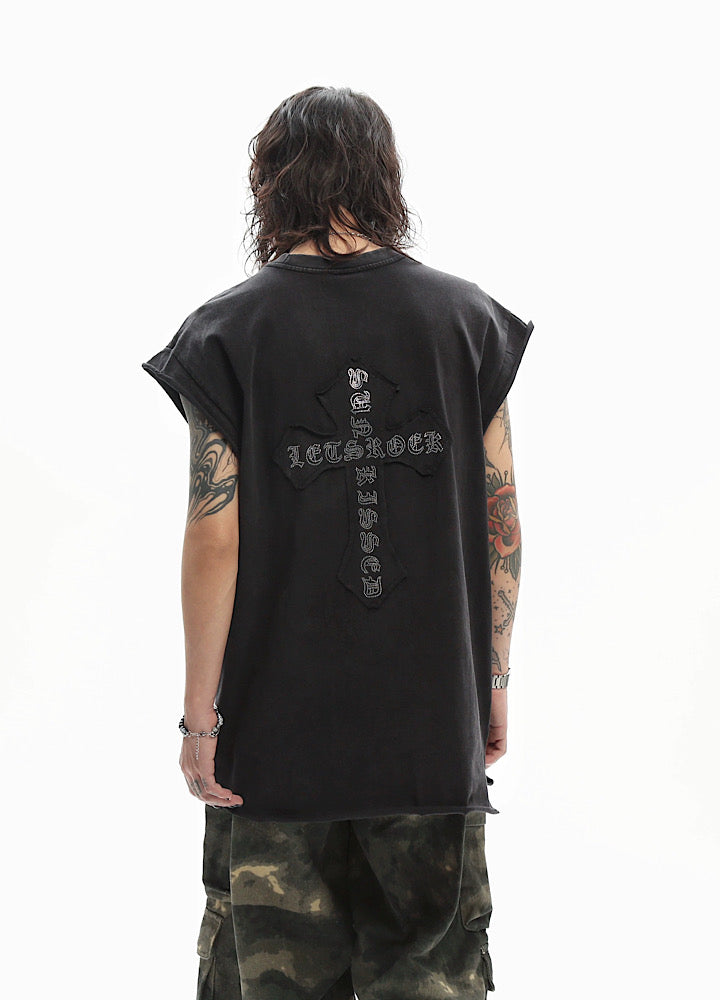 Front and back cross motif design basic black sleeveless top  OR0717