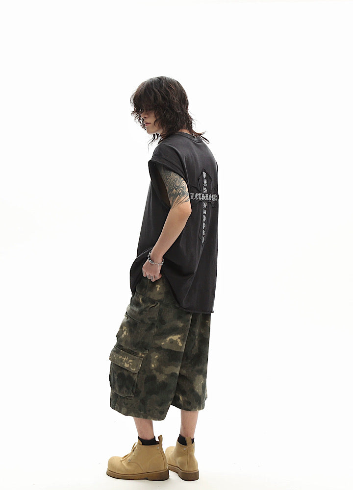 Front and back cross motif design basic black sleeveless top  OR0717