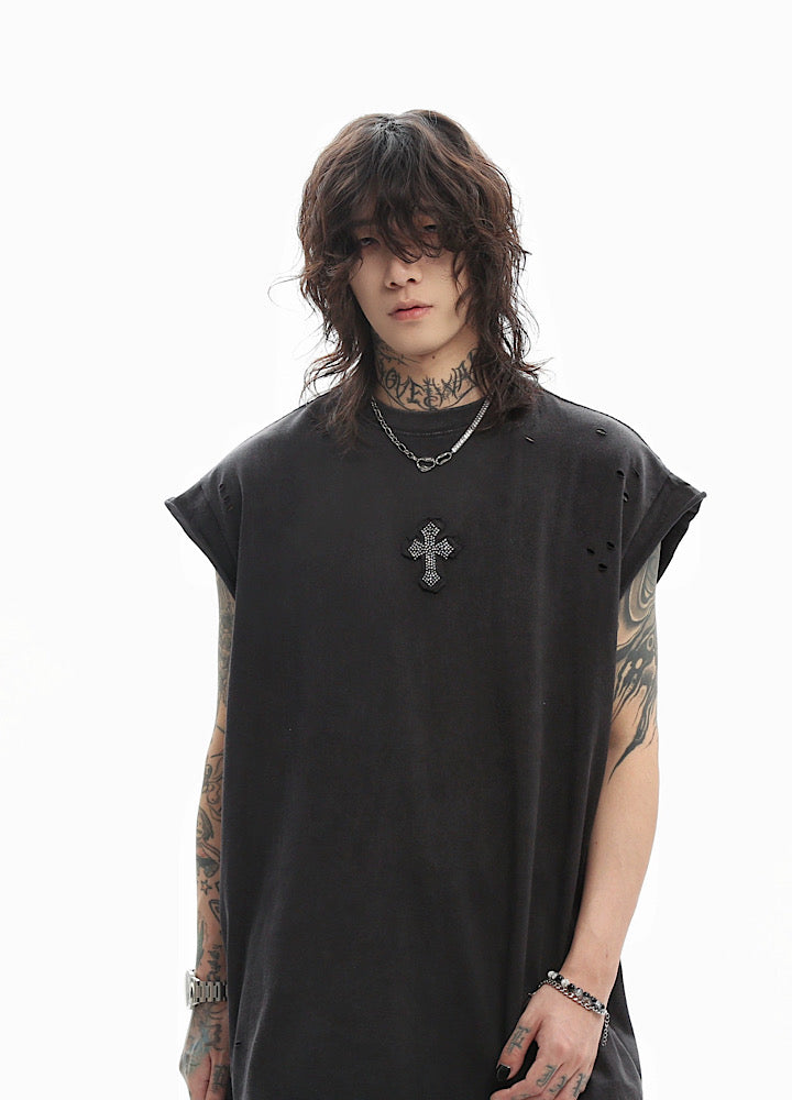 Front and back cross motif design basic black sleeveless top  OR0717