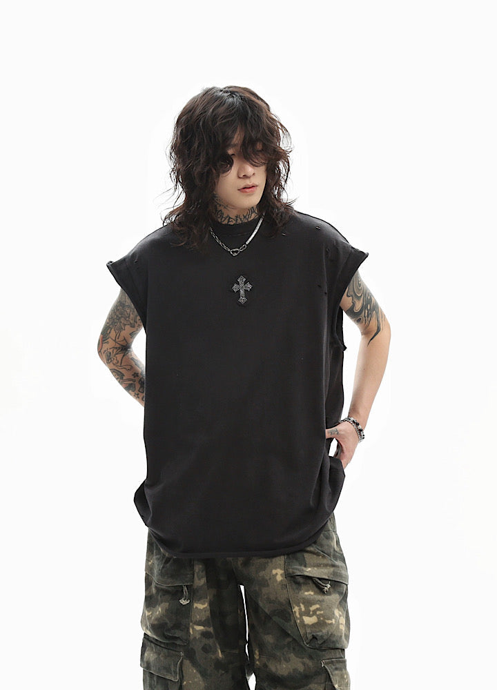Front and back cross motif design basic black sleeveless top  OR0717