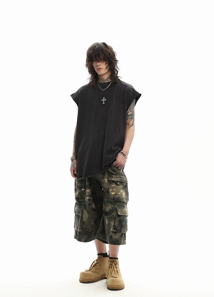 Front and back cross motif design basic black sleeveless top  OR0717