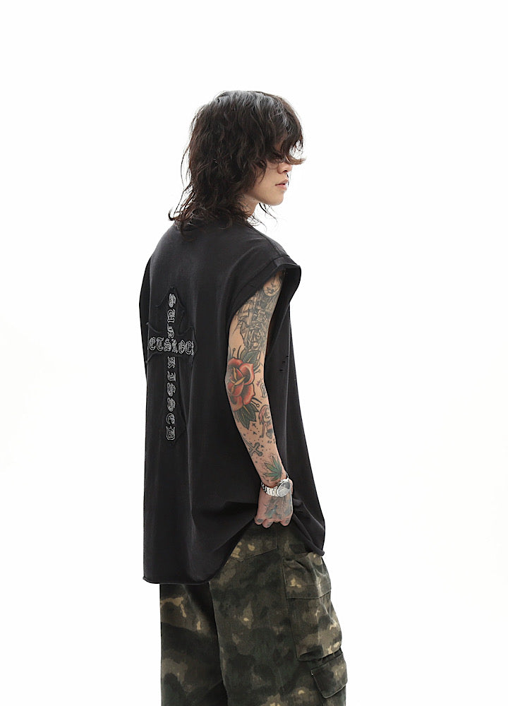Front and back cross motif design basic black sleeveless top  OR0717