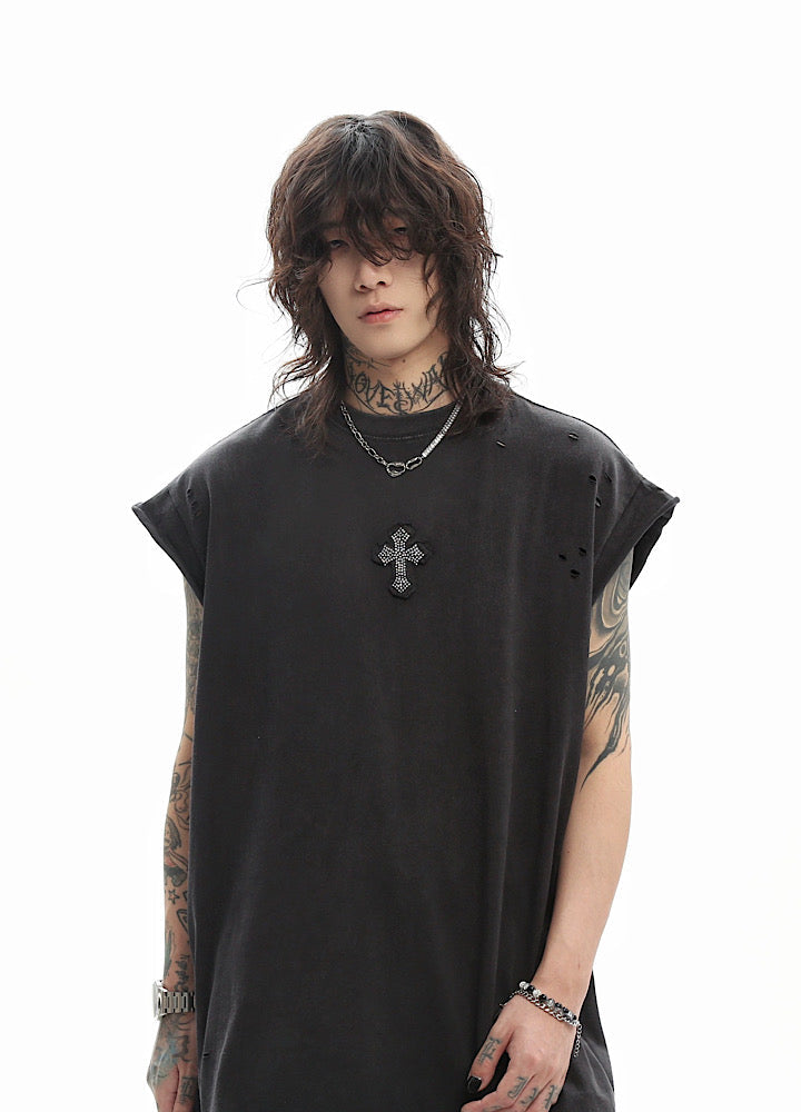 Front and back cross motif design basic black sleeveless top  OR0717