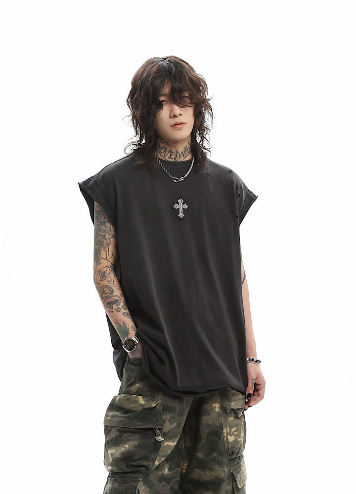 Front and back cross motif design basic black sleeveless top  OR0717