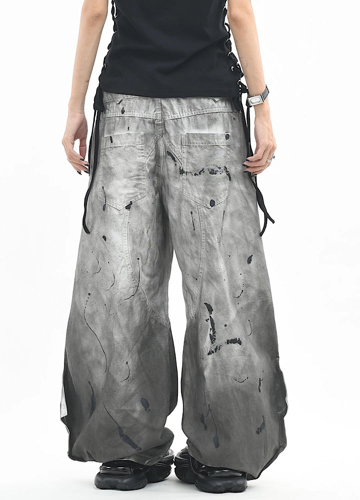 White-painted wide-silhouette splatter denim pants  OR0718