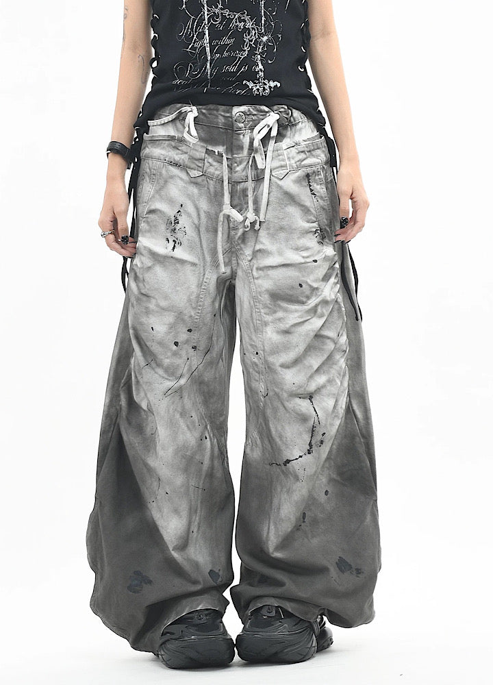 White-painted wide-silhouette splatter denim pants  OR0718