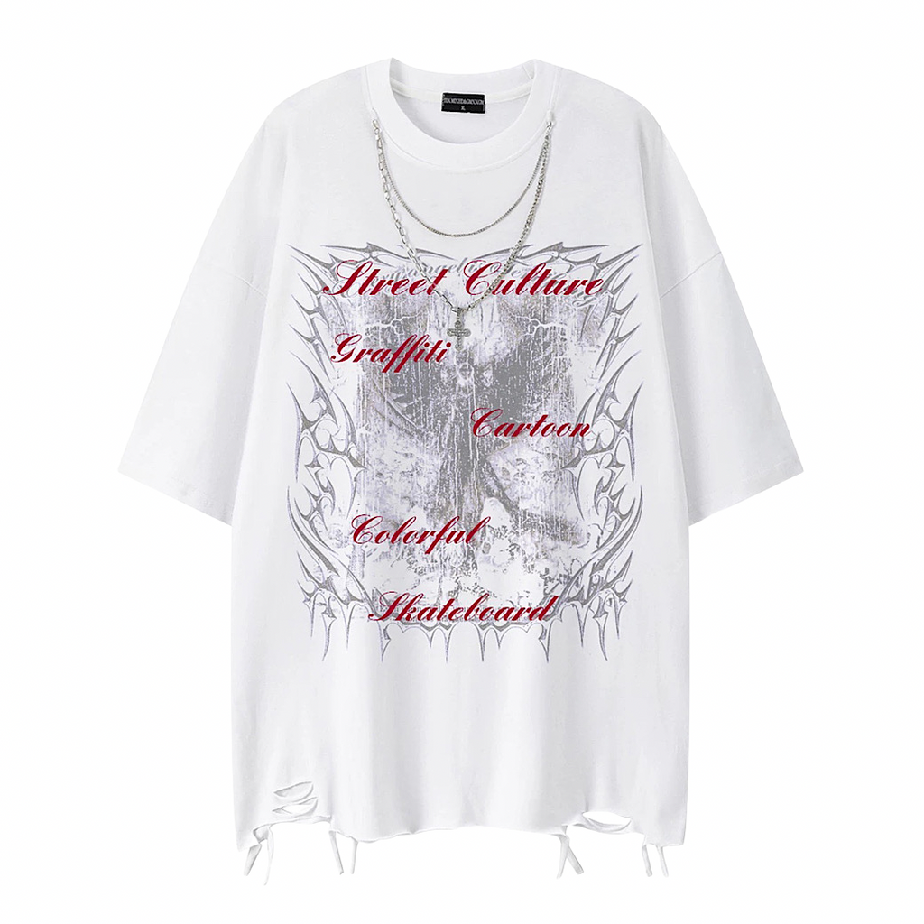 Dark front illustration design distressed oversized short-sleeved T-shirt  OR0719