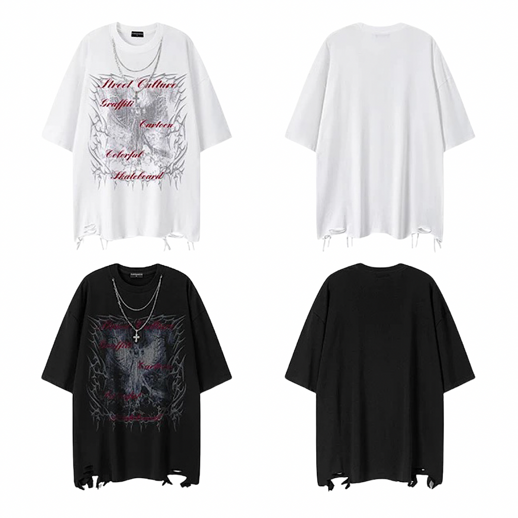 Dark front illustration design distressed oversized short-sleeved T-shirt  OR0719