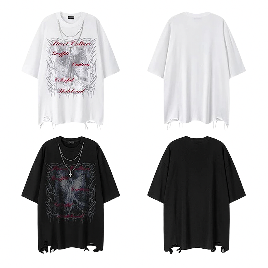 Dark front illustration design distressed oversized short-sleeved T-shirt  OR0719