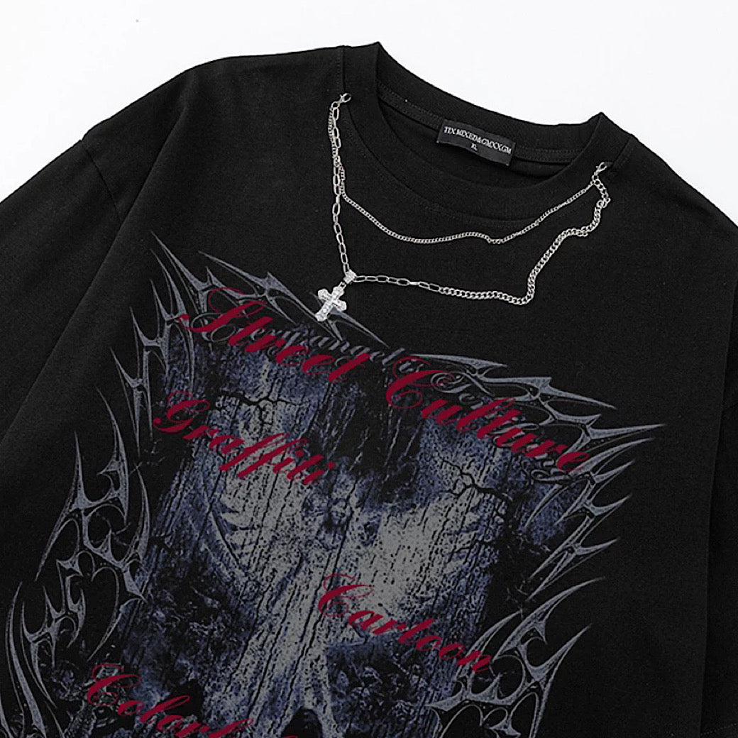Dark front illustration design distressed oversized short-sleeved T-shirt  OR0719