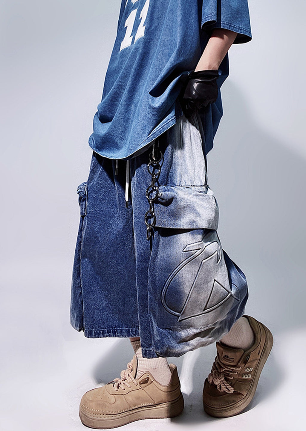 Line washed wide silhouette street short denim pants  OR0722