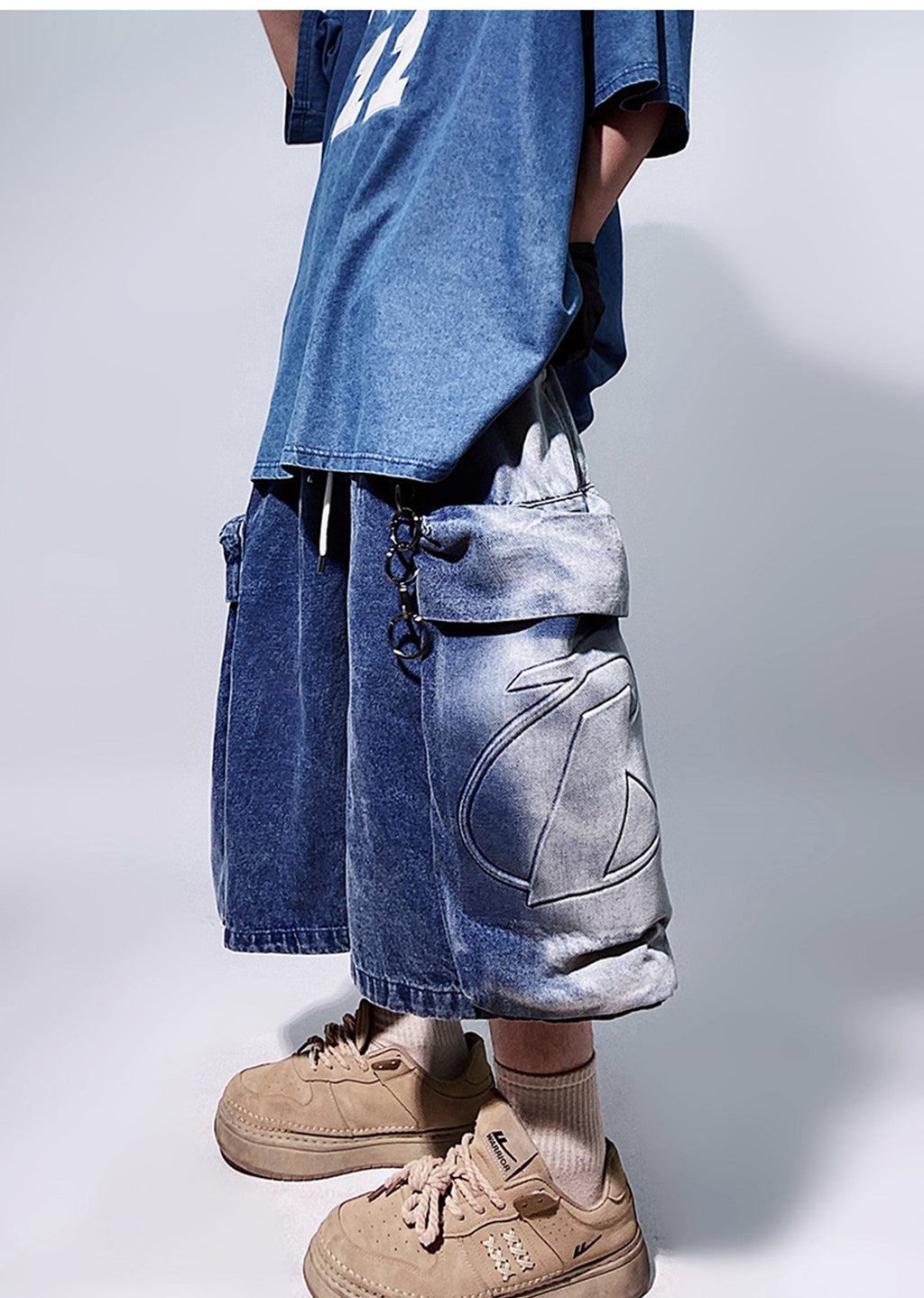 Line washed wide silhouette street short denim pants  OR0722