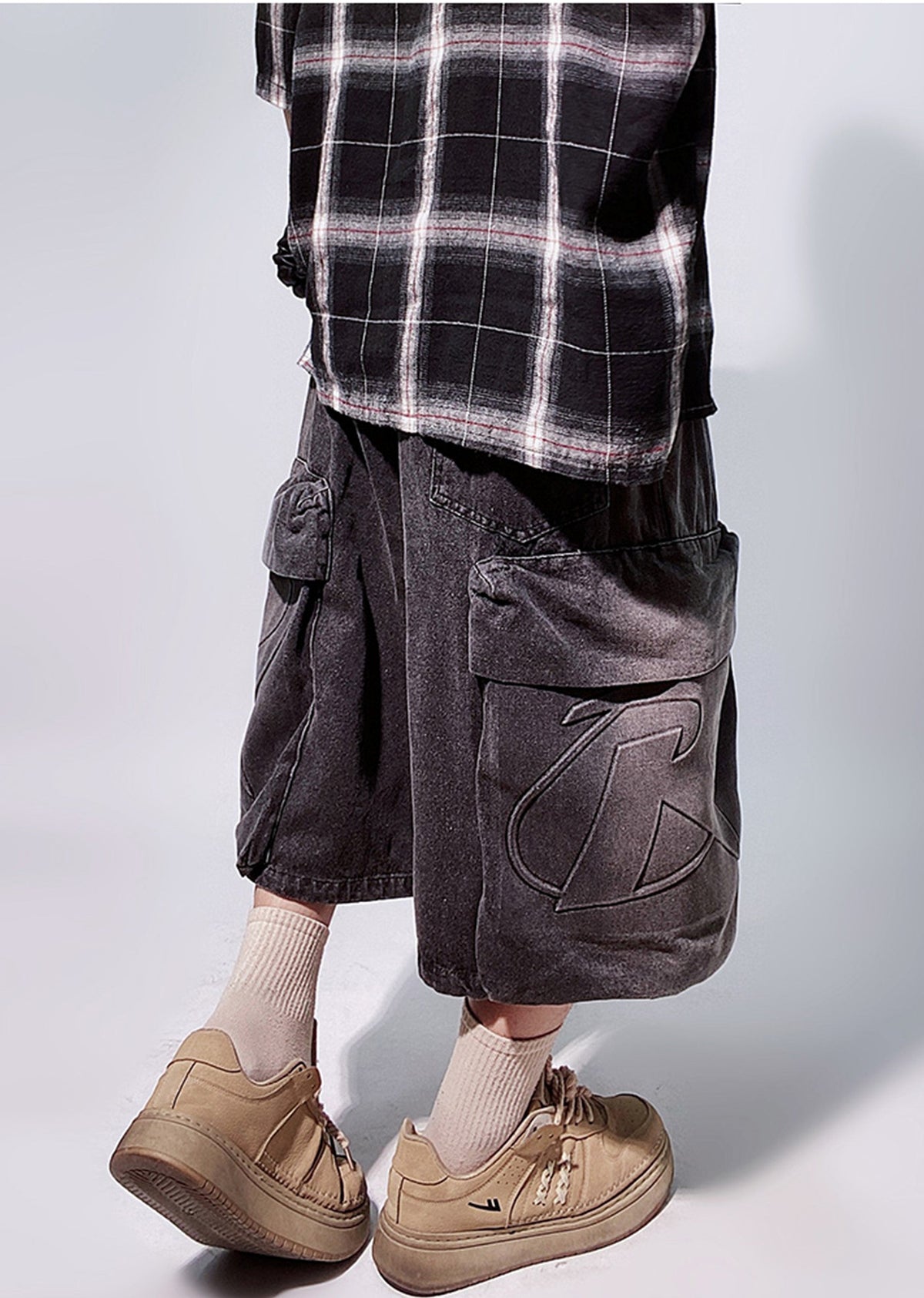 Line washed wide silhouette street short denim pants  OR0722