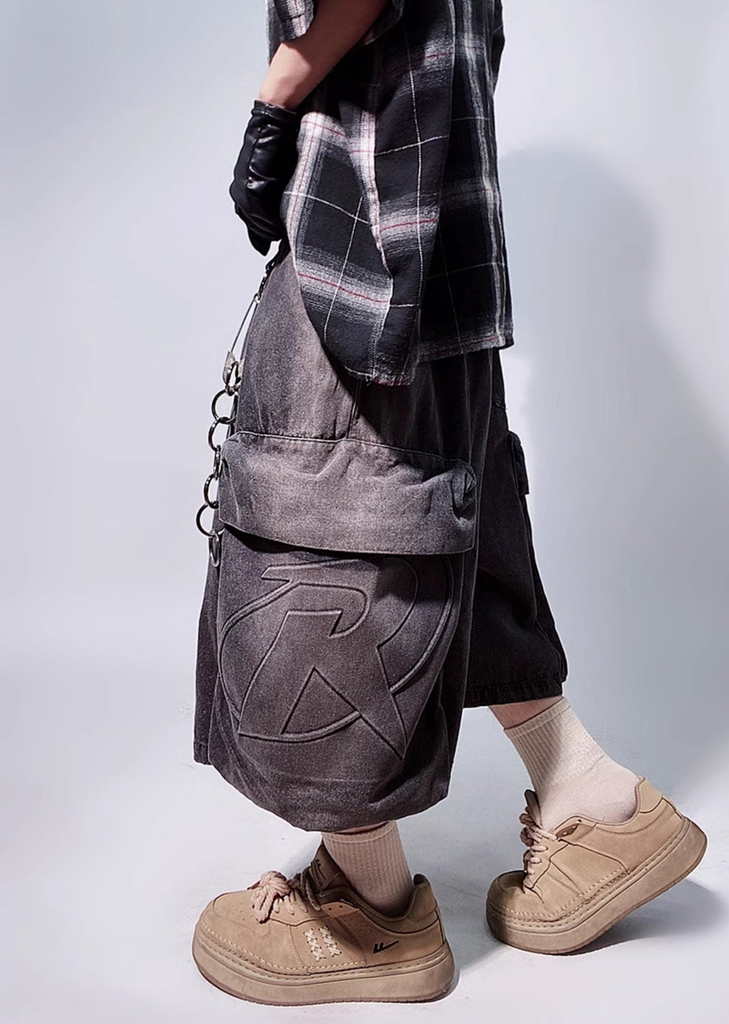 Line washed wide silhouette street short denim pants  OR0722