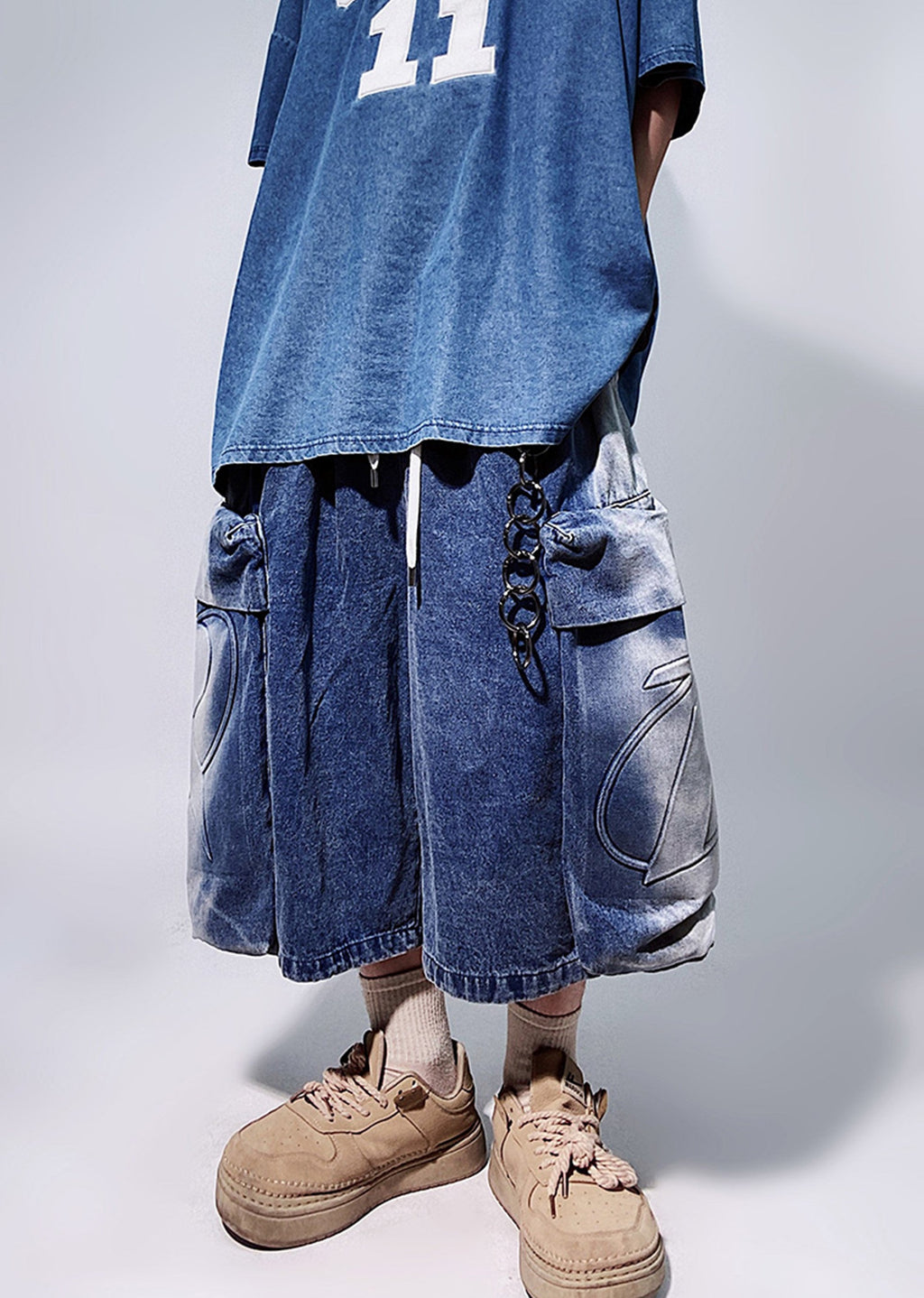 Line washed wide silhouette street short denim pants  OR0722