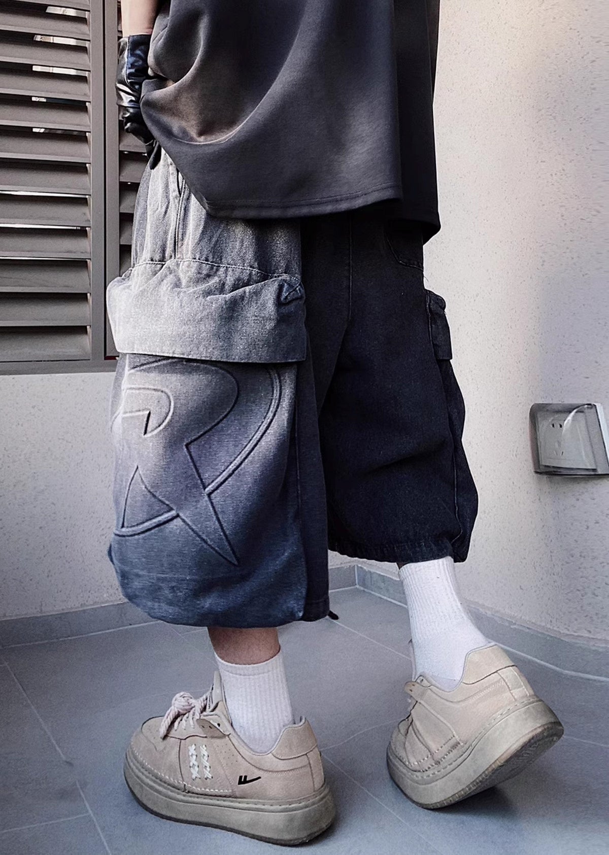 Line washed wide silhouette street short denim pants  OR0722