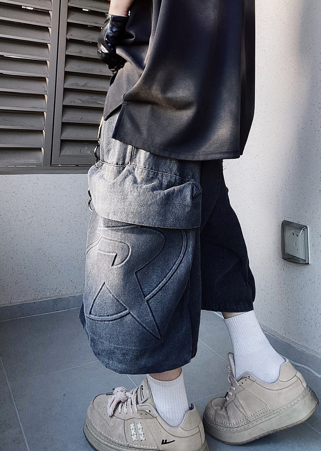 Line washed wide silhouette street short denim pants  OR0722