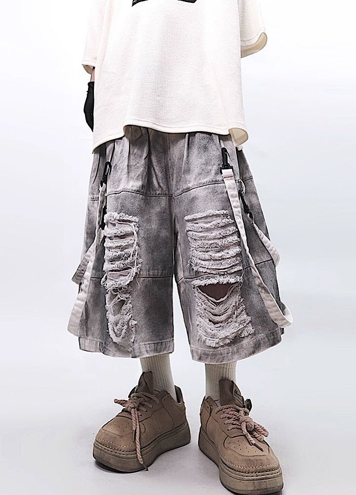 Fully distressed dull grey base suspender denim pants  OR0723