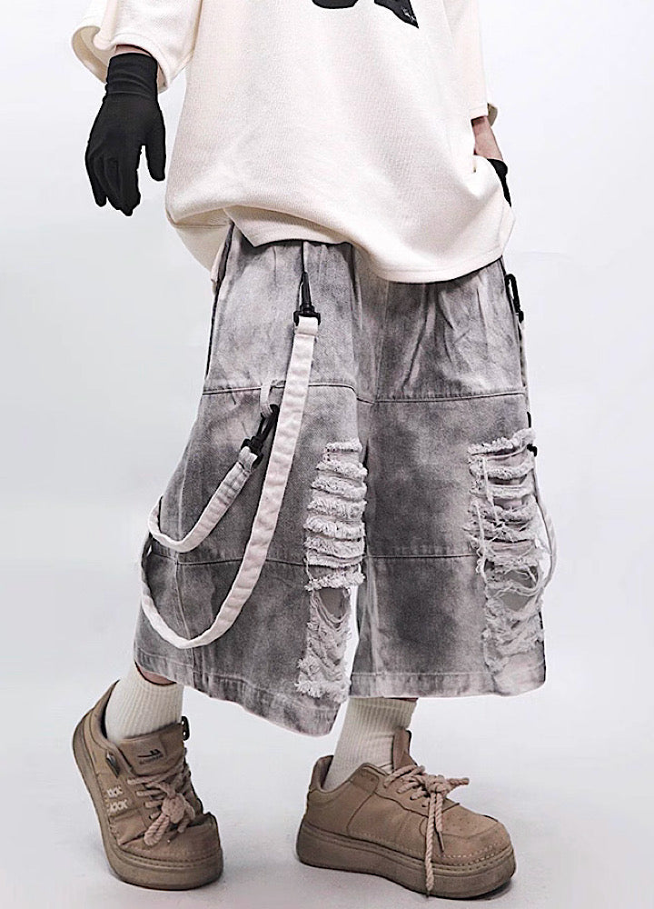 Fully distressed dull grey base suspender denim pants  OR0723