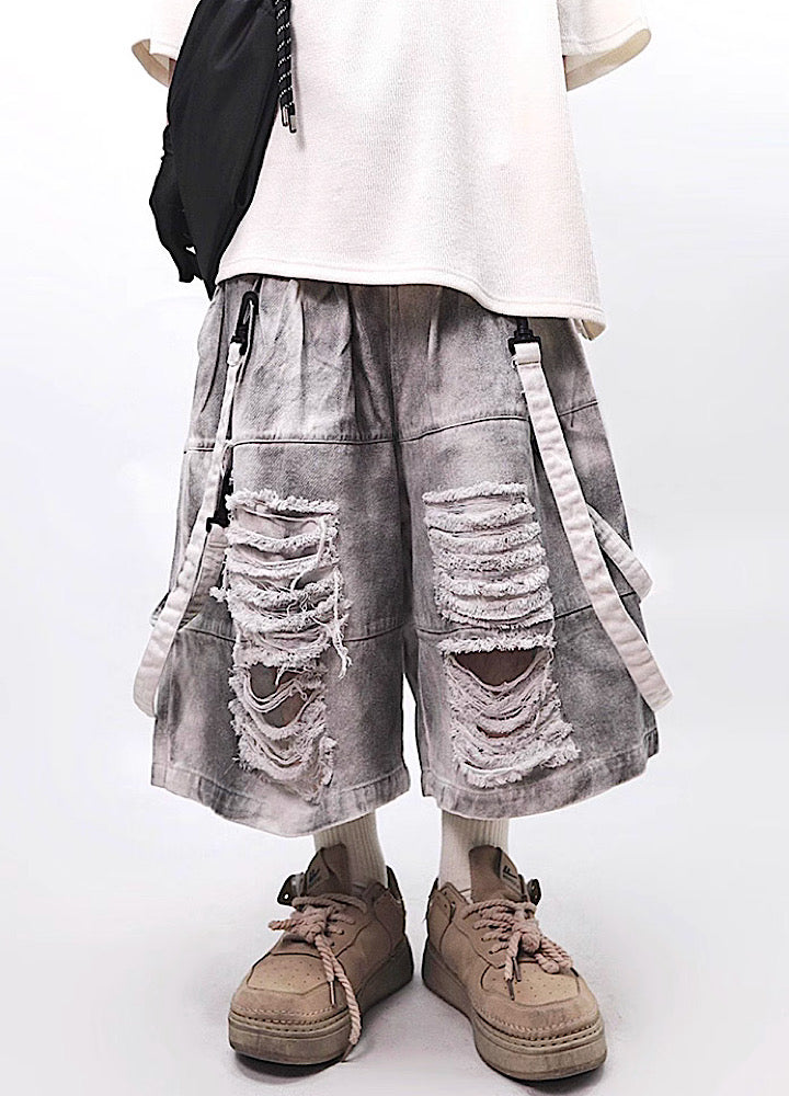 Fully distressed dull grey base suspender denim pants  OR0723