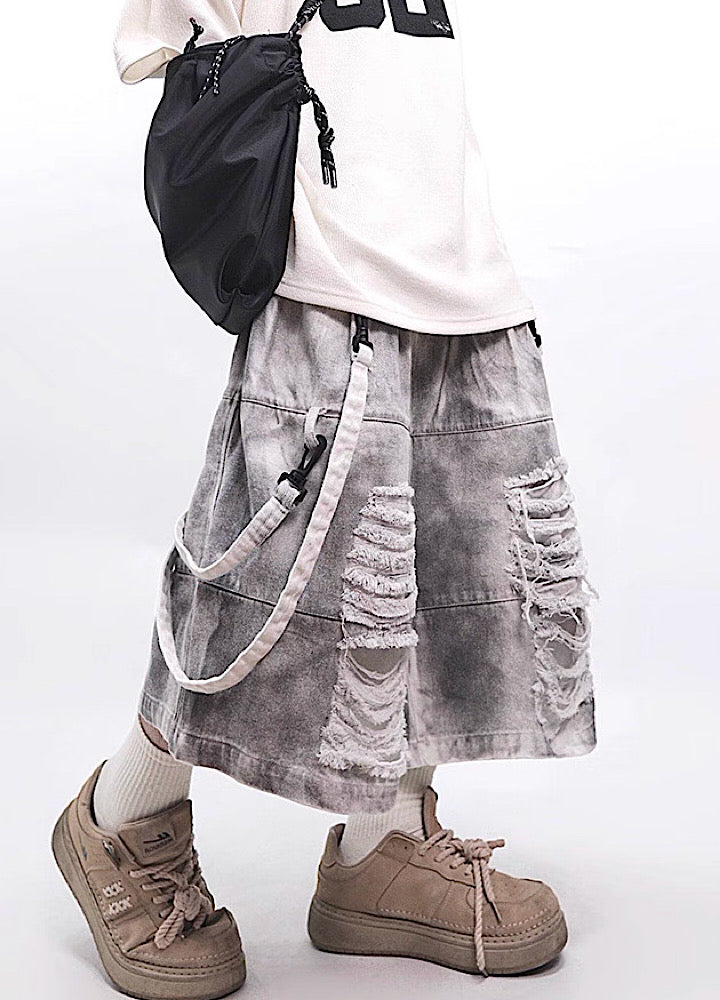 Fully distressed dull grey base suspender denim pants  OR0723