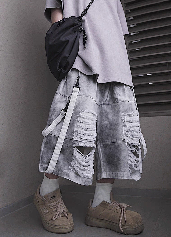 Fully distressed dull grey base suspender denim pants  OR0723