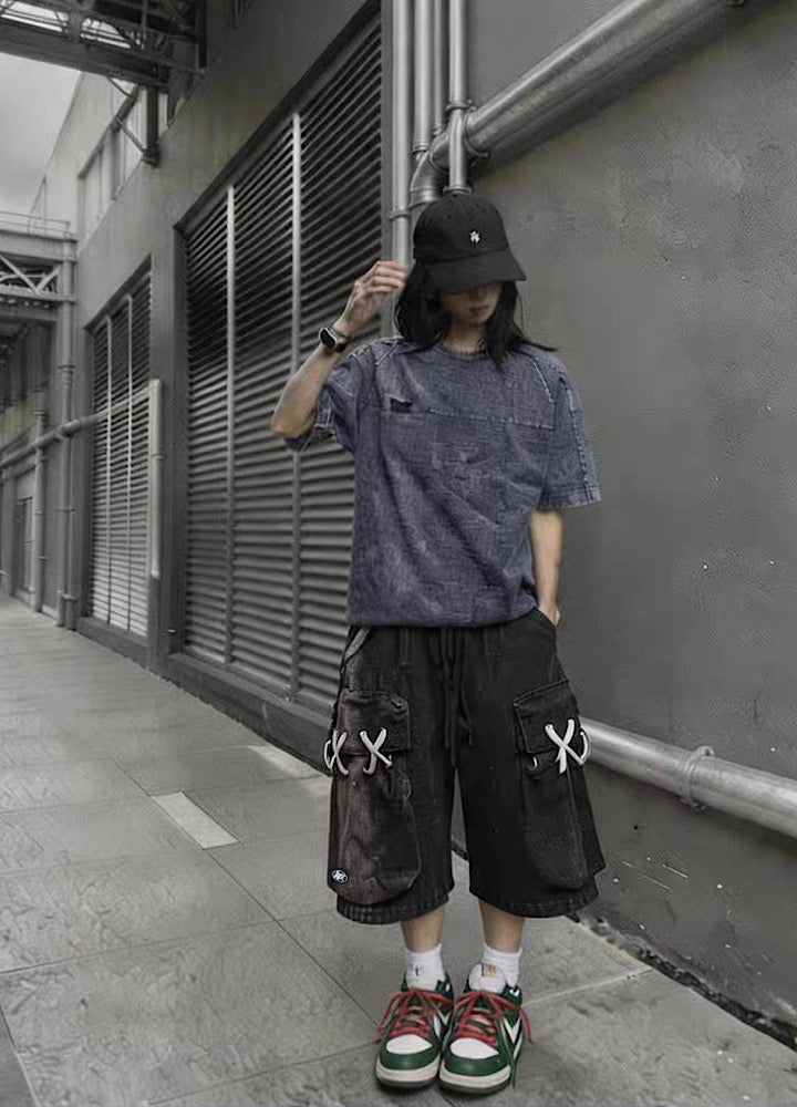 Side pocket washed wide cropped silhouette shorts  OR0727