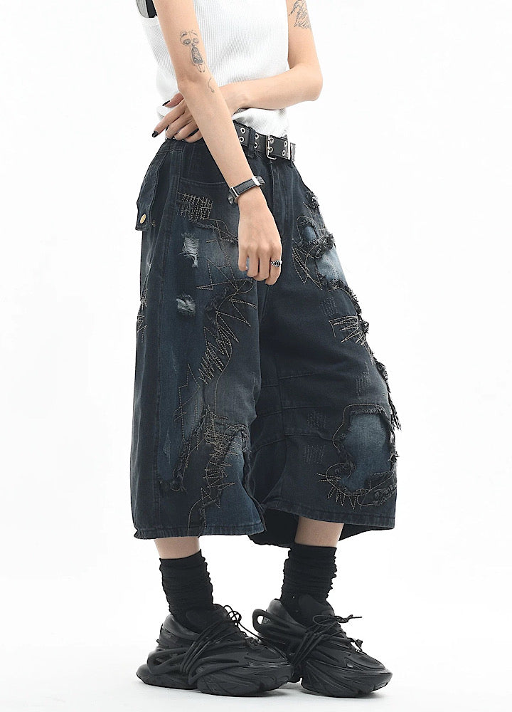 Vintage distressed loose-fitting denim shorts  OR0728