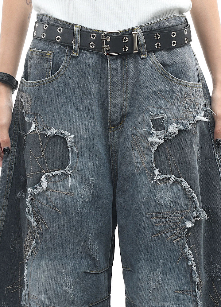 Vintage distressed loose-fitting denim shorts  OR0728