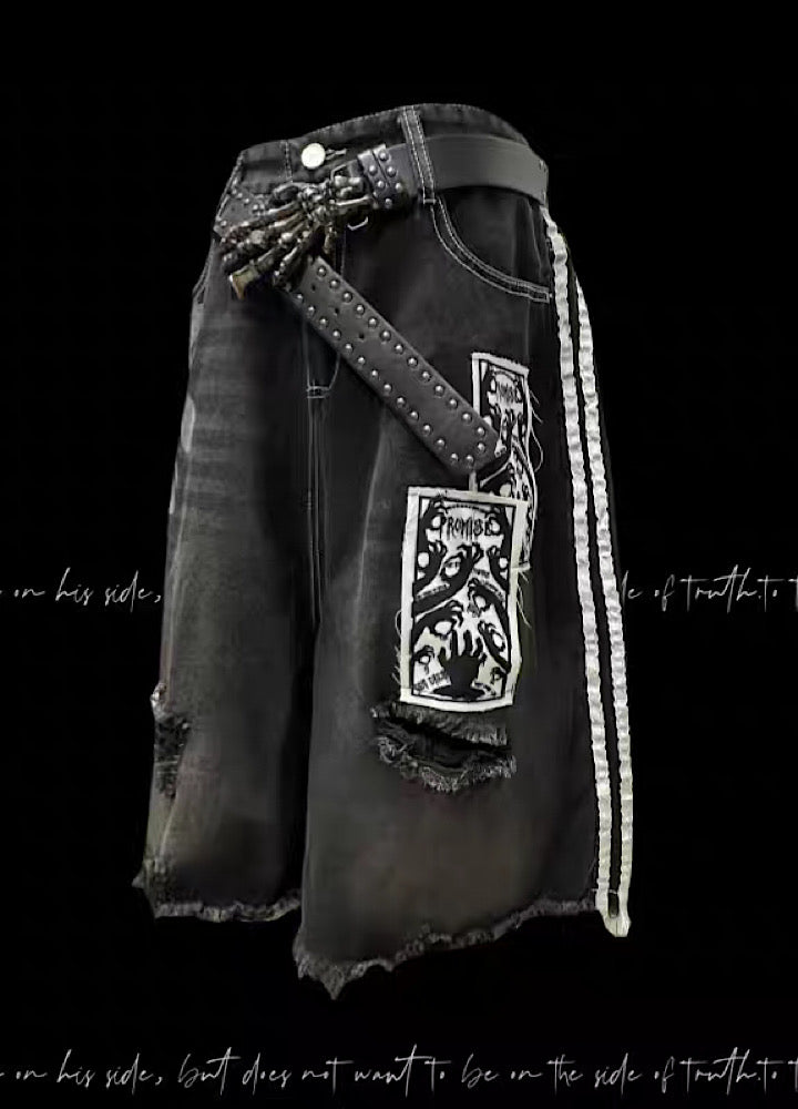 Sideline Monotone Break Damage Punk Half Denim Pants  OR0729