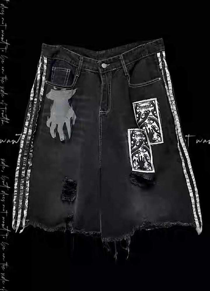 Sideline Monotone Break Damage Punk Half Denim Pants  OR0729