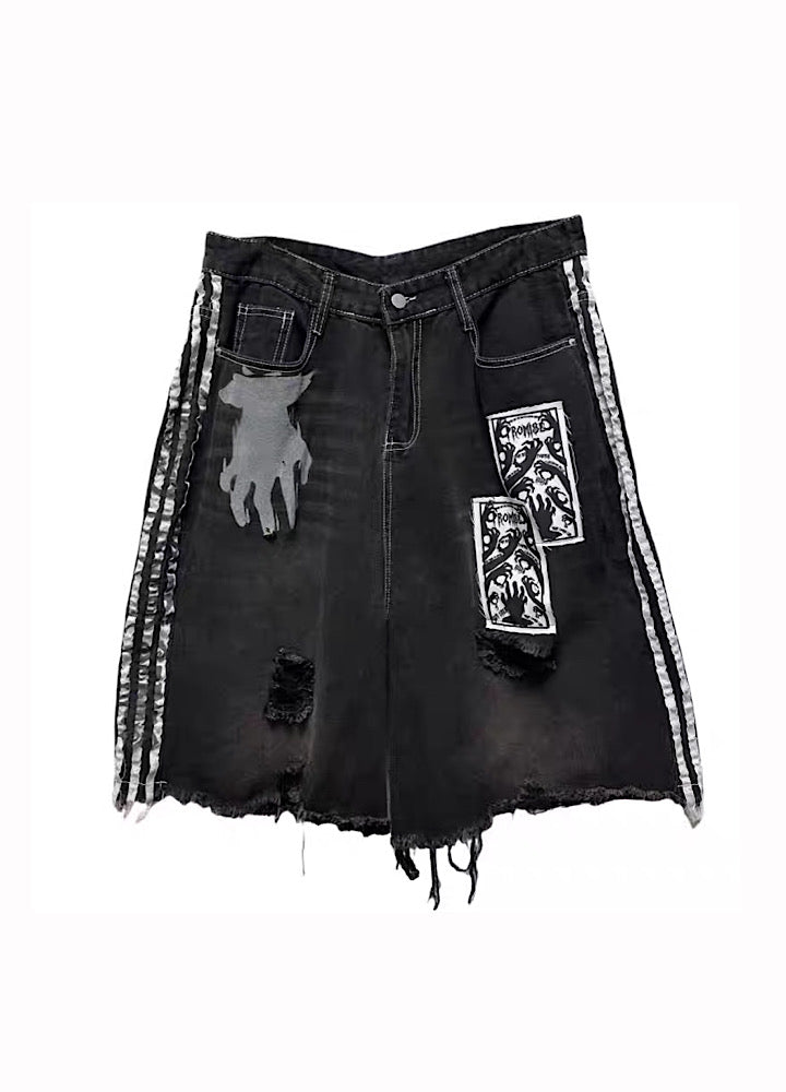 Sideline Monotone Break Damage Punk Half Denim Pants  OR0729