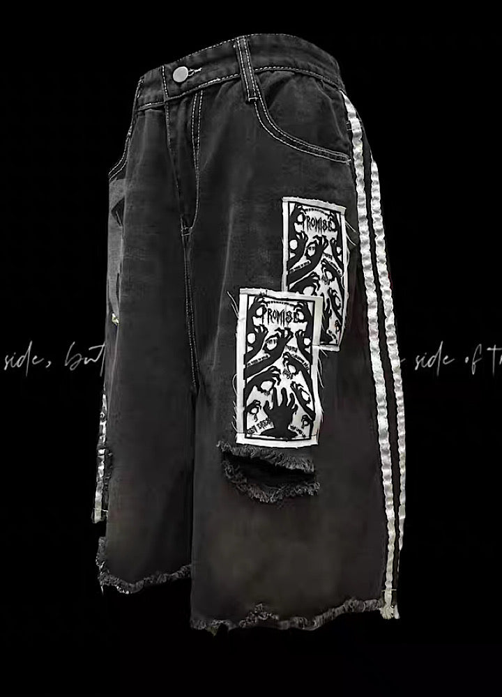 Sideline Monotone Break Damage Punk Half Denim Pants  OR0729
