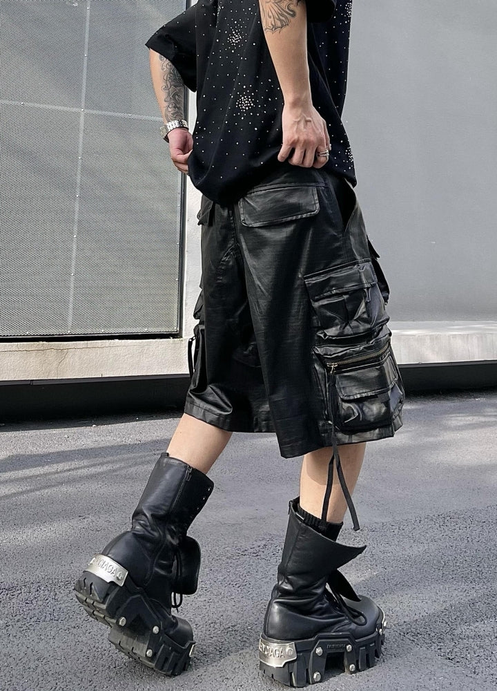 Multi-pocket design synthetic leather suspender cargo shorts  OR0730