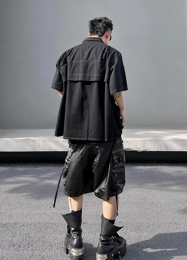 Multi-pocket design synthetic leather suspender cargo shorts  OR0730