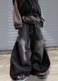 Curved silhouette pleated design vintage wash denim pants  OR0733