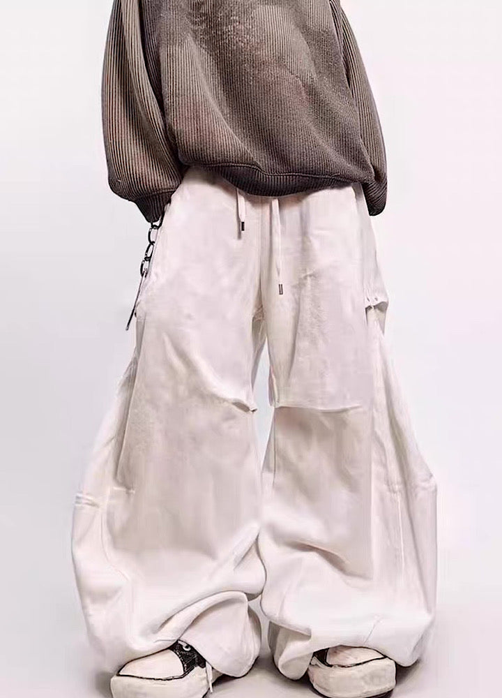 Curved silhouette pleated design vintage wash denim pants  OR0733