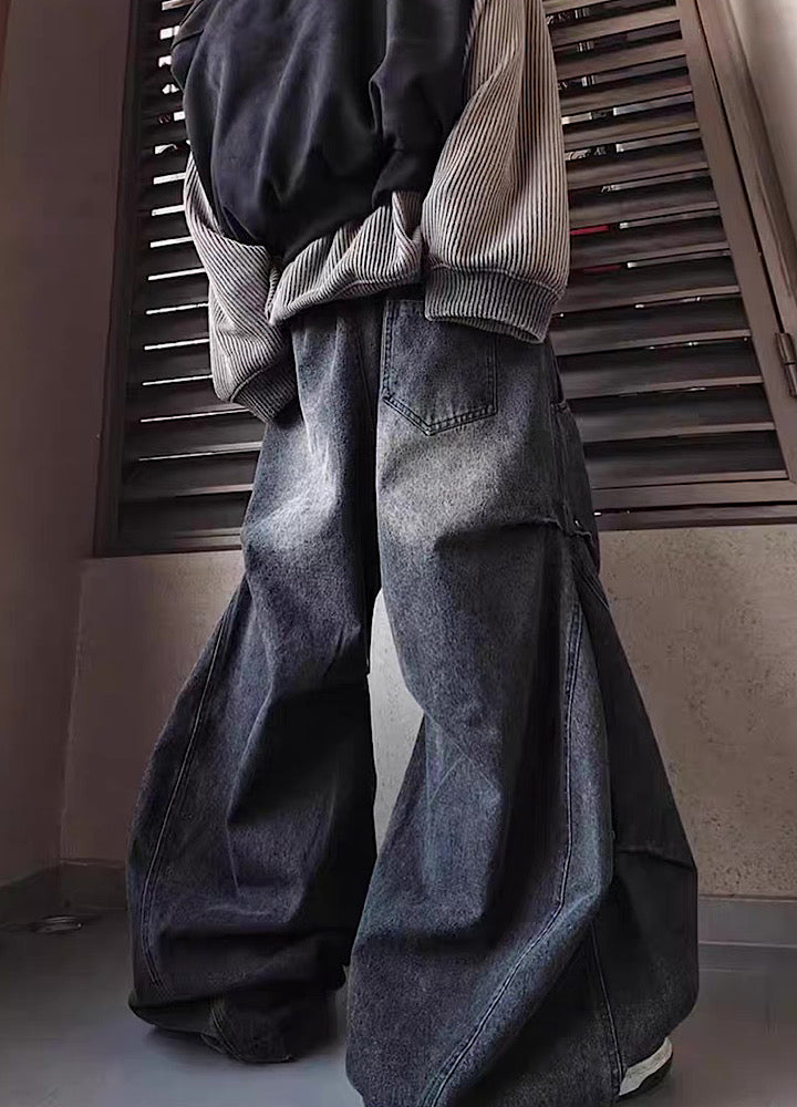 Curved silhouette pleated design vintage wash denim pants  OR0733