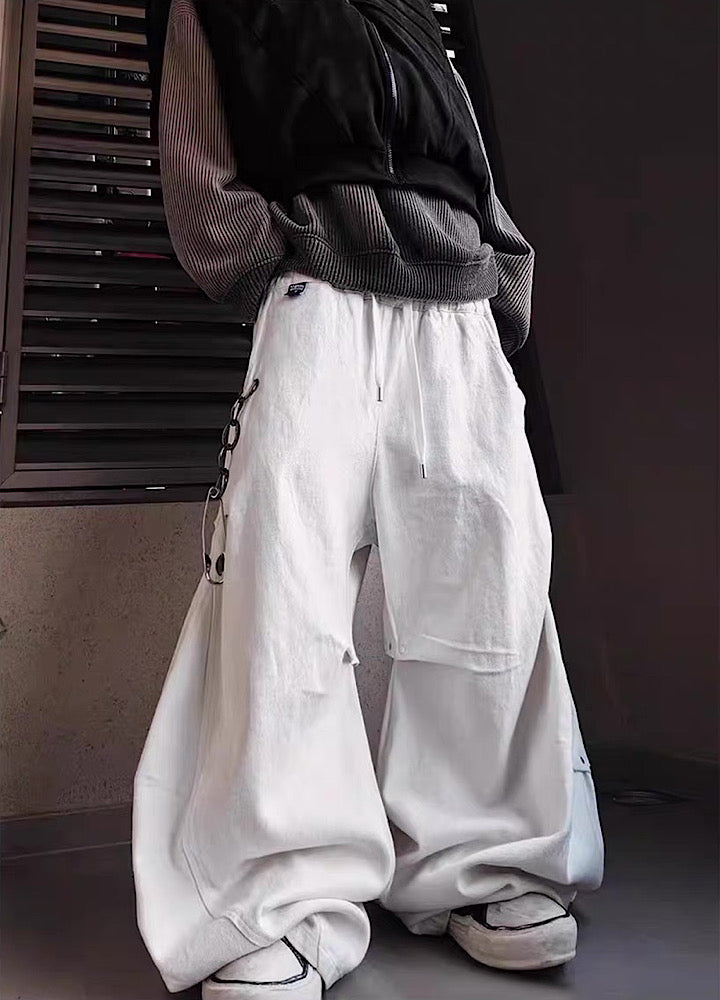 Curved silhouette pleated design vintage wash denim pants  OR0733