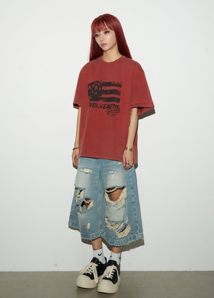 Countless damage processed wide over silhouette design denim shorts  OR0735