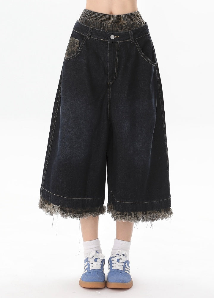 Mid-length layered jacquard style half denim pants  OR0738