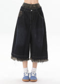 Mid-length layered jacquard style half denim pants  OR0738