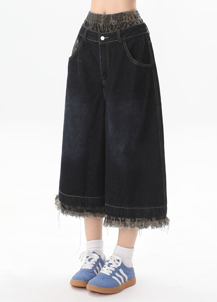 Mid-length layered jacquard style half denim pants  OR0738