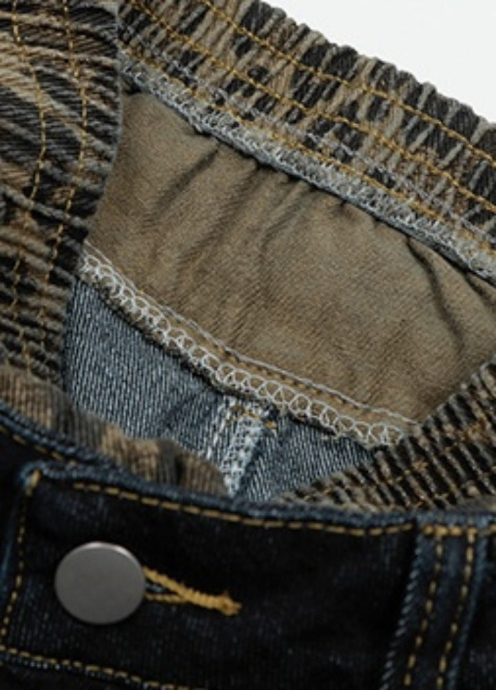 Mid-length layered jacquard style half denim pants  OR0738
