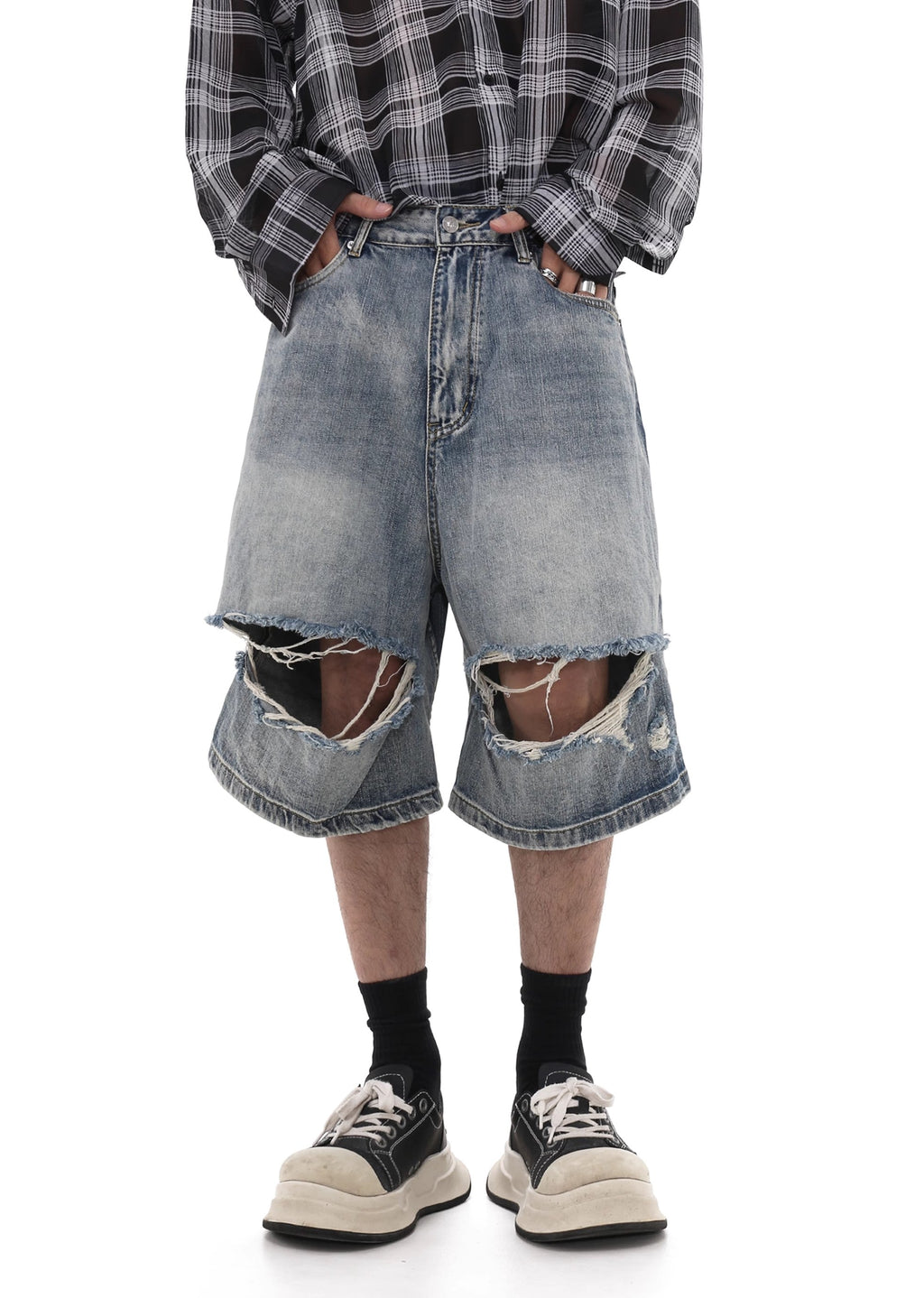 Double knee cut damaged design short silhouette denim pants  OR0739