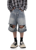 Double knee cut damaged design short silhouette denim pants  OR0739