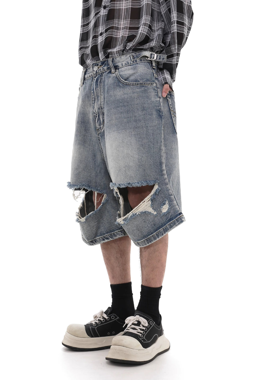 Double knee cut damaged design short silhouette denim pants  OR0739