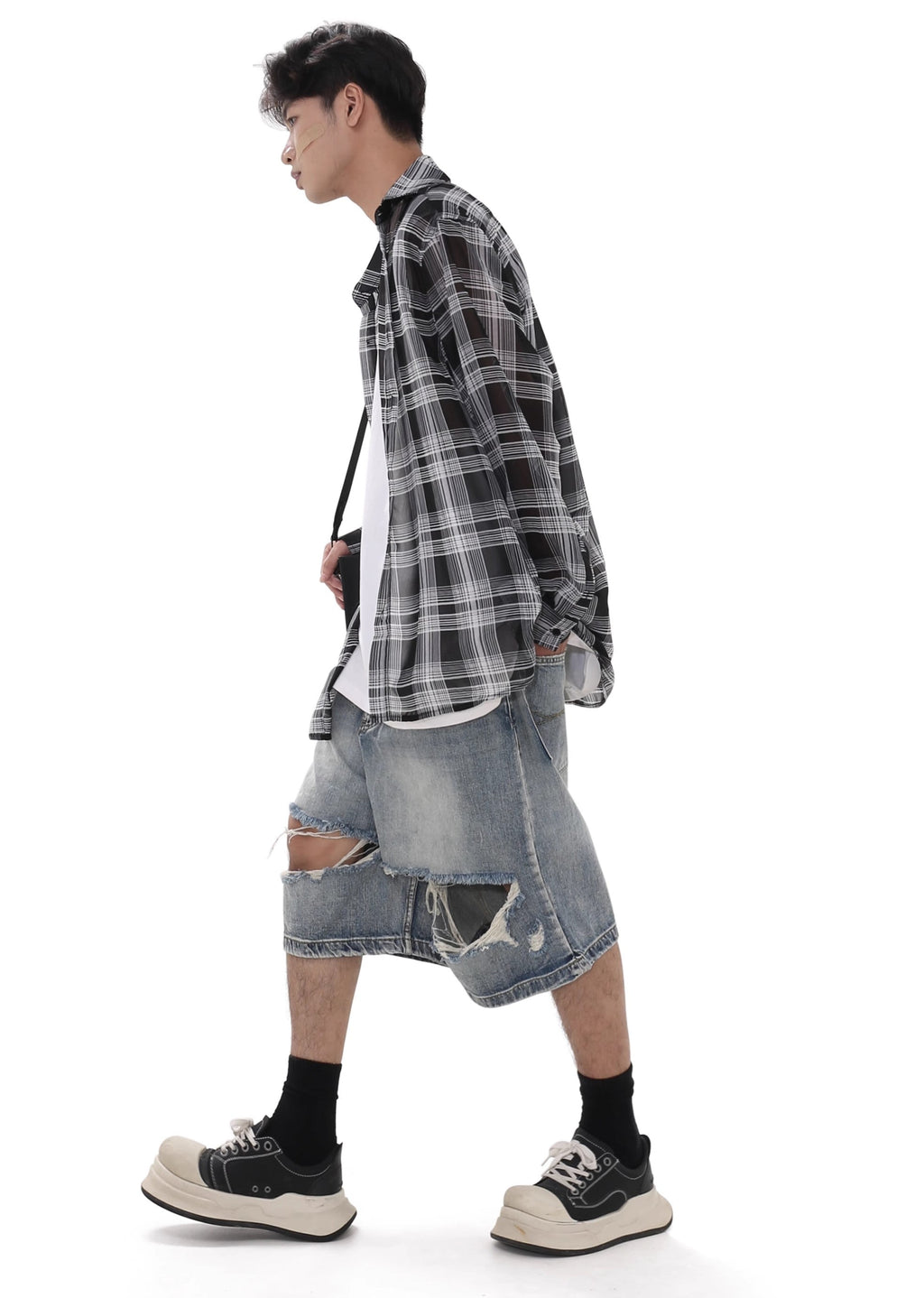 Double knee cut damaged design short silhouette denim pants  OR0739